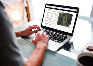 A photograph of someone using their laptop with HiveIQ's software displayed on the screen. The software is showing data on the beehives, including the number of frames, temperature, and humidity. The laptop is placed on a wooden table, and the background shows several beehives in an apiary. This image highlights the convenience of using HiveIQ software for beekeeping management, allowing beekeepers to easily access important data and make informed decisions.
