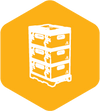 An icon of a three story beehive inside of an orange hexagon.