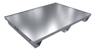 A render of the HiveIQ honey pallet. It features a flat tray ontop with a small lip around the parameter. It will fit 4 beehives on the pallet.