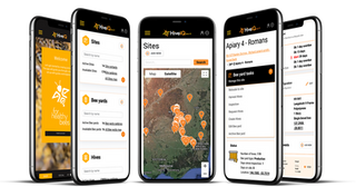 An image of 5 phones showing the HiveIQ software. The first phone shows the login page for the app, the second phone shows the home page, the third phone shows a map with the locations of different apiaries, the fourth phone shows the a detailed view of a specific apiary, and the fifth phone shows specific details of a single hive.