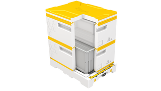 A render of a HiveIQ beehive with a corner exposed, showing frames located within the beehive. It shows the construction and sleek design of the HiveIQ beehive