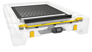 A transparent view of the beehive base, showing the inner workings of the pollen collection system.