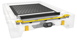 A render of a transparent HiveiQ beehive base,showing the pollen collector mechanism