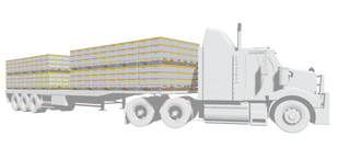 A semi-truck with a trailer. The trail is holding countless amounts of HiveIQ beehive pallets, all pallets have 4 three story beehives on them.